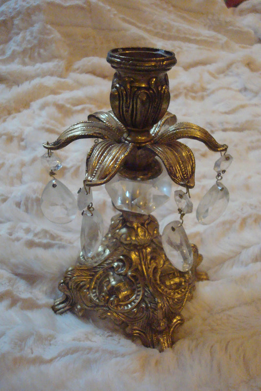 Candleholder brass and crystal tears, 7" tall [GL17]