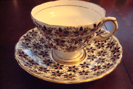 Rosina  Mid Century England  cup & saucer,black,flowers w/ touches of red [91]