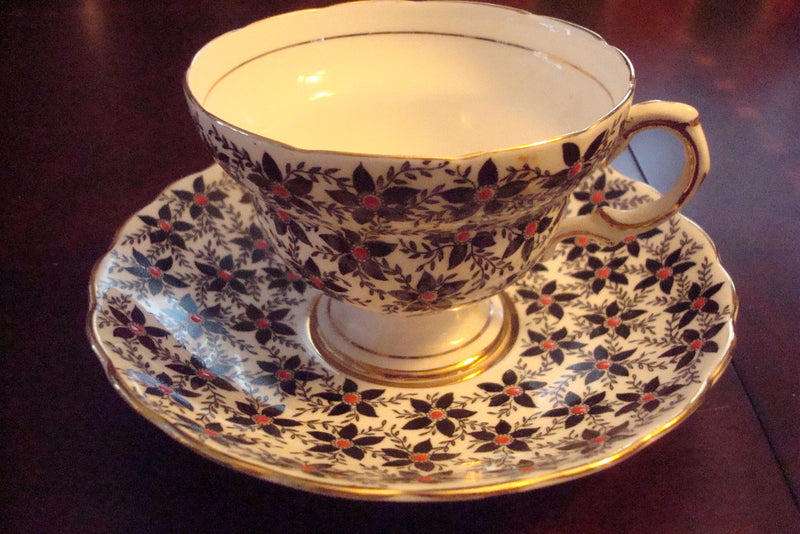 Rosina  Mid Century England  cup & saucer,black,flowers w/ touches of red [91]