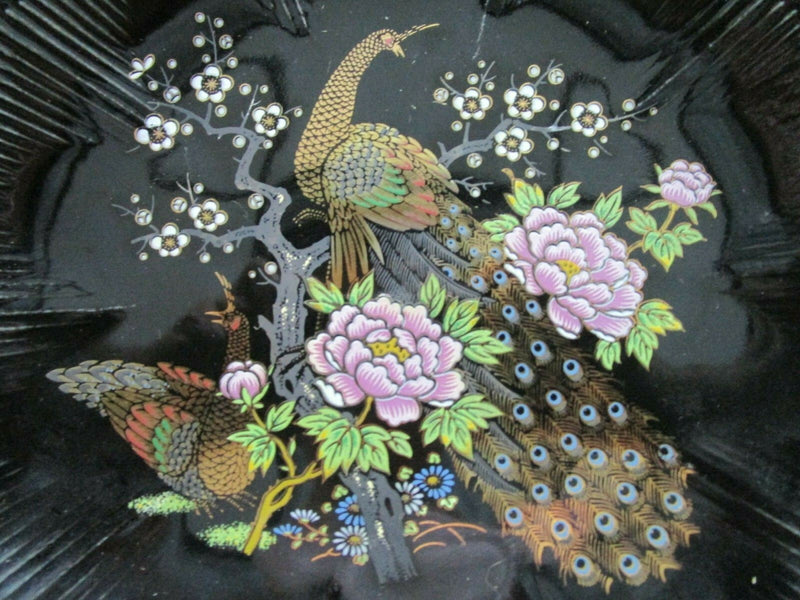 Japanese Peacocks black collector plate Hand Painted Gold ^^