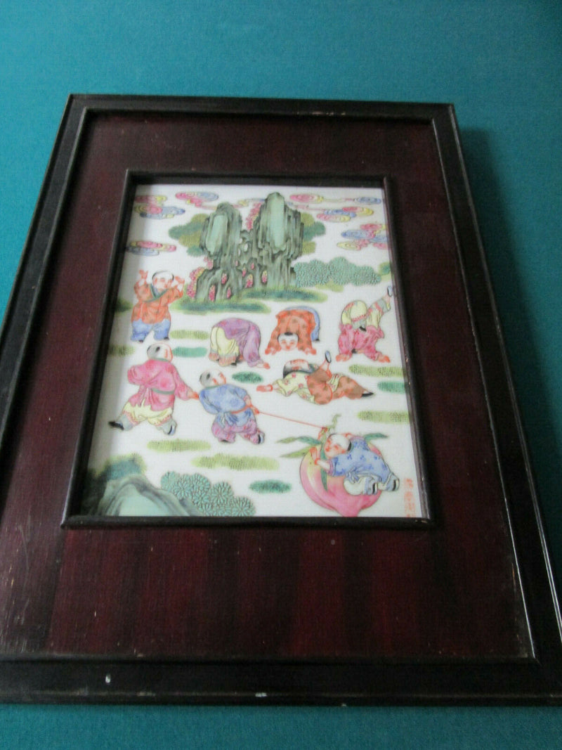Chinese Antique Famille Rose Framed Porcelain Plaque CHILDREN PLAYING PICK 1
