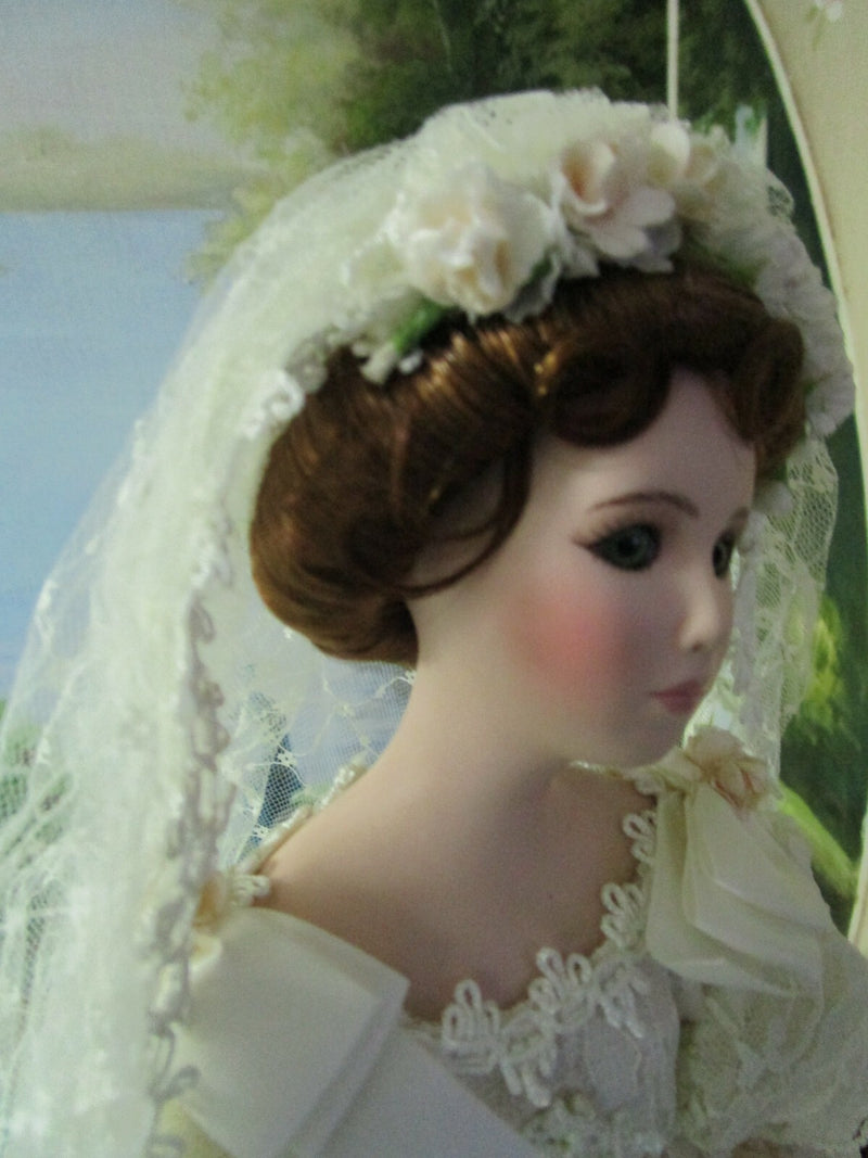 1990s Seymour Mann Connoiseur bride doll, 17" WHITE LACED RIBBONS LONG TRAIN