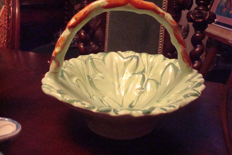 Italian Majolica basket, handpainted, 6" tall by 7" diam, numbered