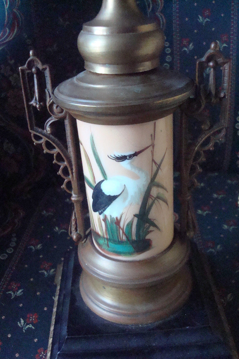 Mid Century candle holder brass and ceramic, handpainted birds original 13"