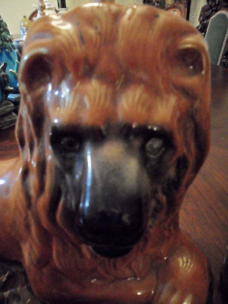 Bo'ness Pair Pottery Lions 19th Century Scotland C1890.Glass eyed, original.[1st
