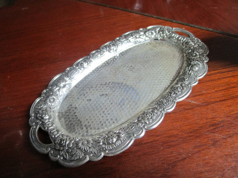 Magnificent creamer/sugar/tray repousse silverplate ceramic painting inside[*]