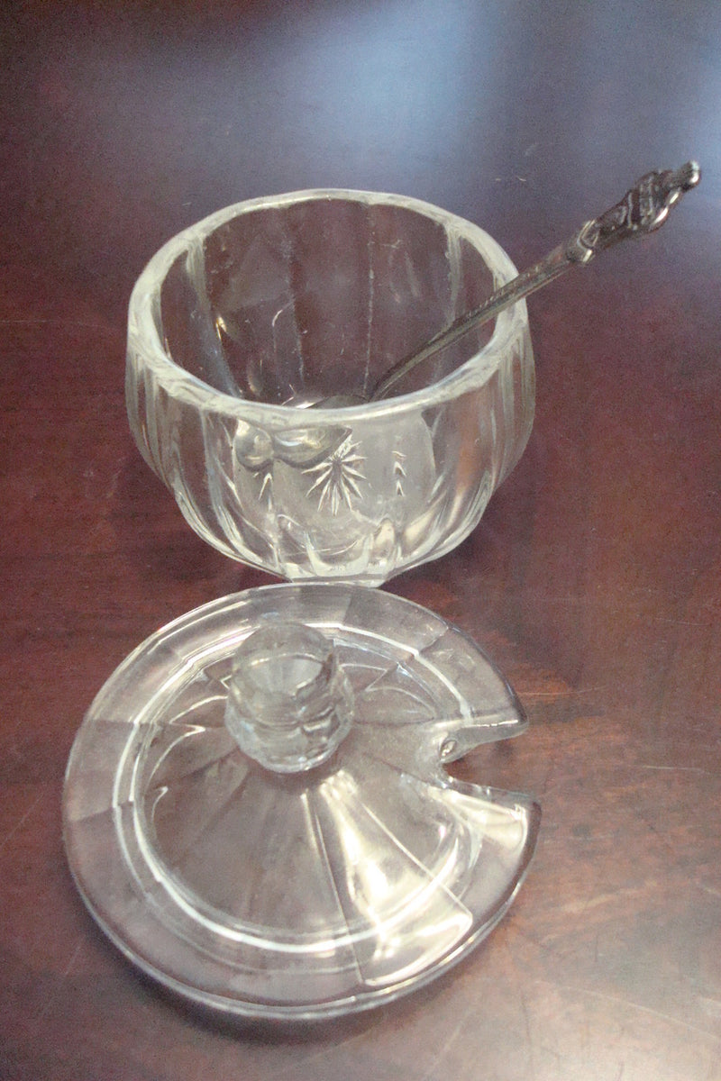 Glass Pressed Vintage Mustard Cup With Rolex Silverplate Spoon [130M]