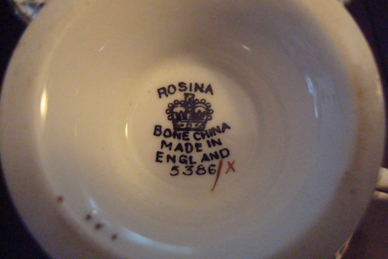 Rosina  Mid Century England  cup & saucer,black,flowers w/ touches of red [91]