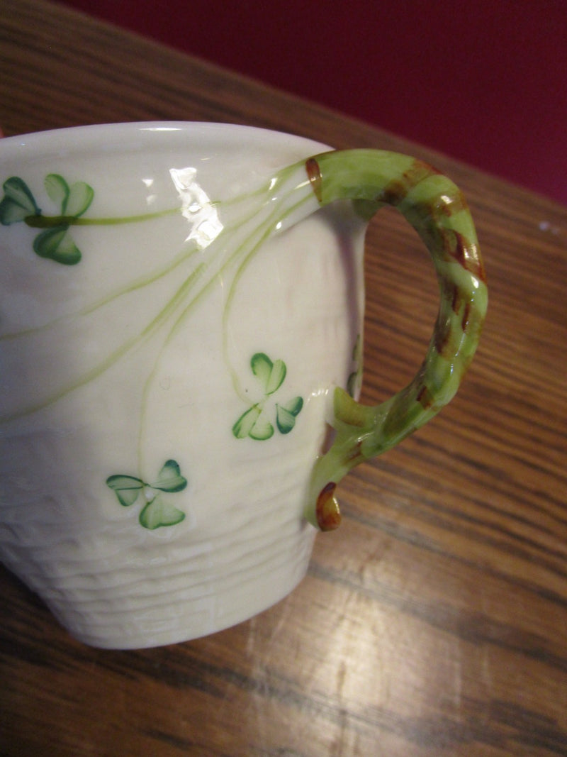 Belleek Shamrock Cup and 2 Saucers, green stamp