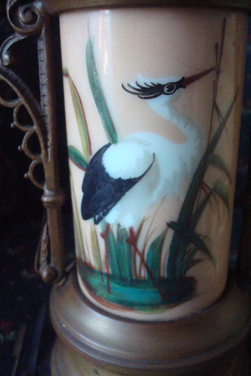 Mid Century candle holder brass and ceramic, handpainted birds original 13"