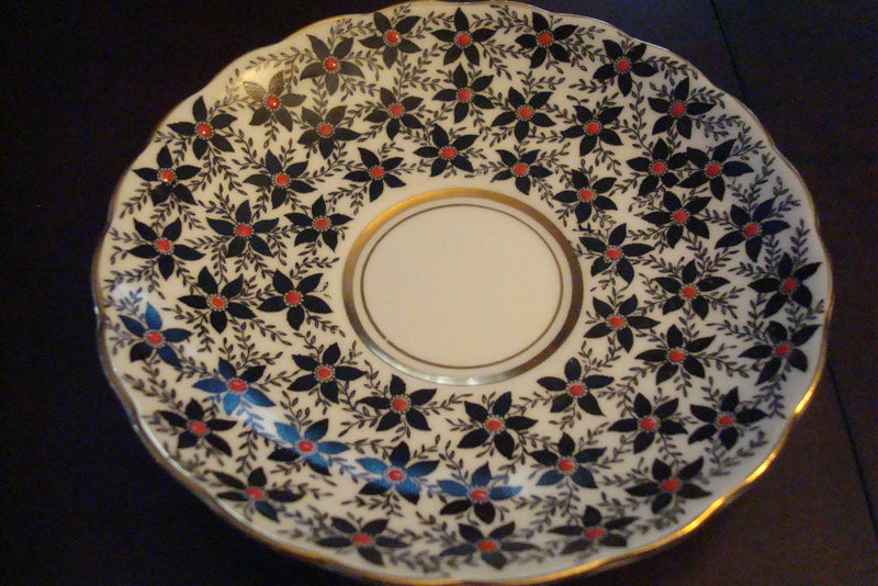Rosina  Mid Century England  cup & saucer,black,flowers w/ touches of red [91]