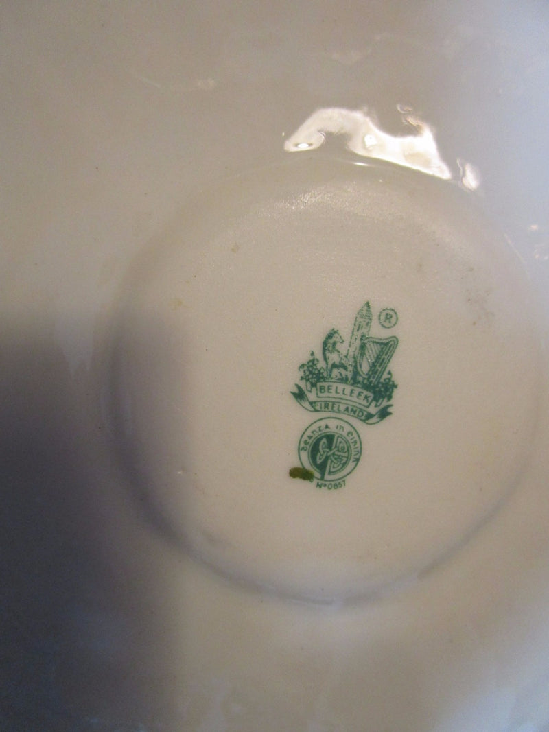 Belleek Shamrock Cup and 2 Saucers, green stamp