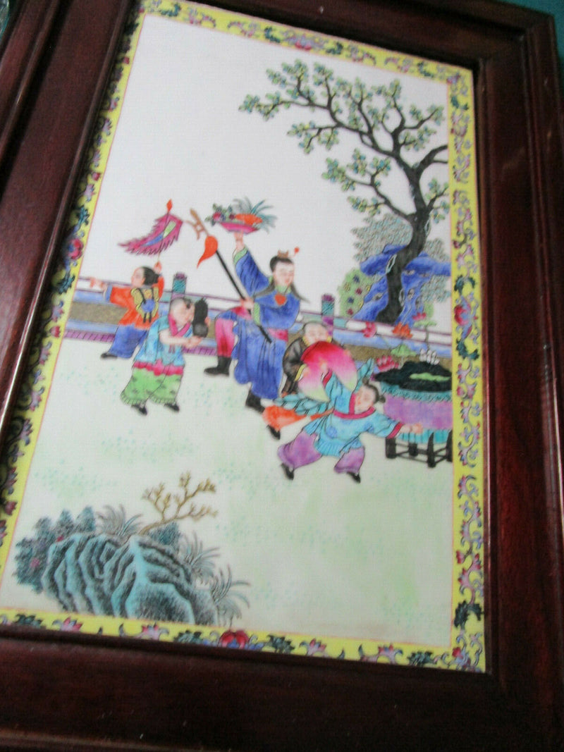 Chinese Antique Famille Rose Framed Porcelain Plaque CHILDREN PLAYING PICK 1