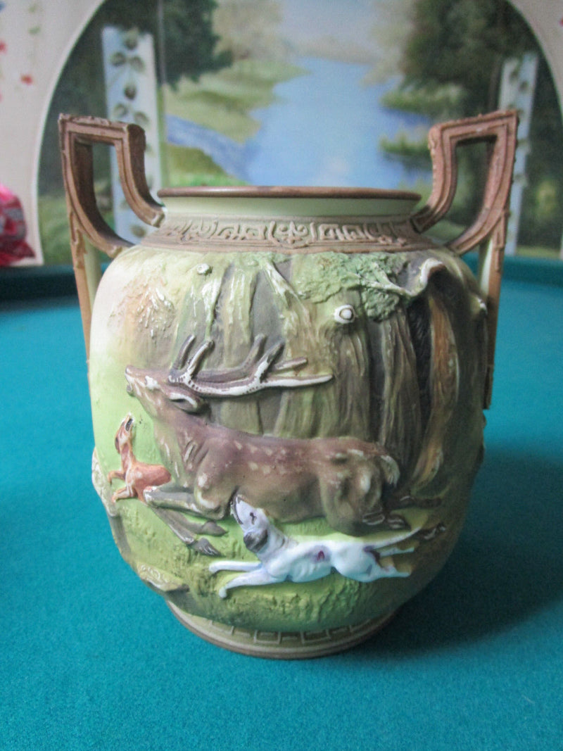 NIPPON JAPAN BLOW OUT DESIGN DEER HUNTING VASE JARDINIERE BOWL 2 HANDLES [aP-P]