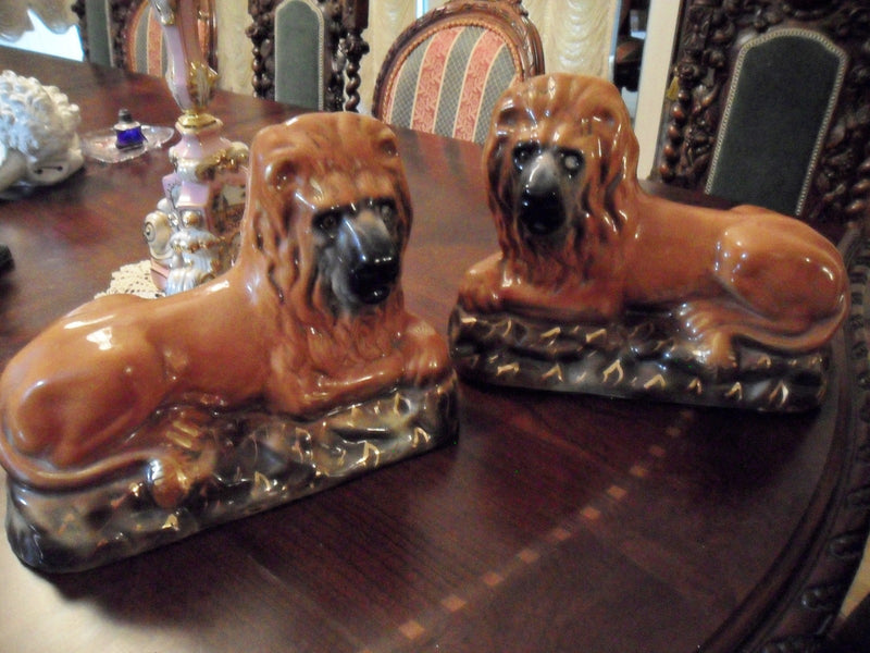 Bo'ness Pair Pottery Lions 19th Century Scotland C1890.Glass eyed, original.[1st