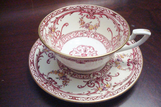 Antique Royal Worcester England cup / saucer Maroon Scrolls,Pink & Yellow [120 E