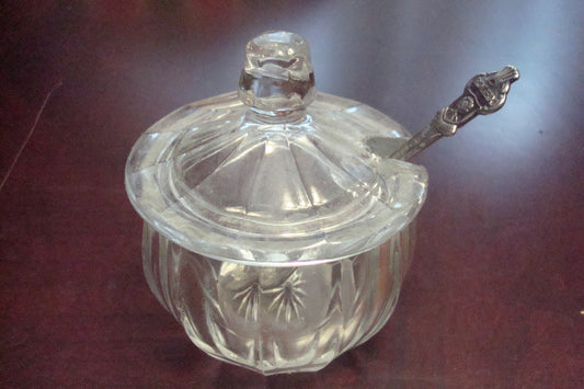 Glass Pressed Vintage Mustard Cup With Rolex Silverplate Spoon [130M]