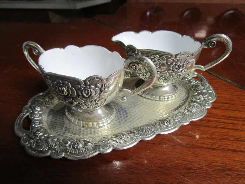 Magnificent creamer/sugar/tray repousse silverplate ceramic painting inside[*]