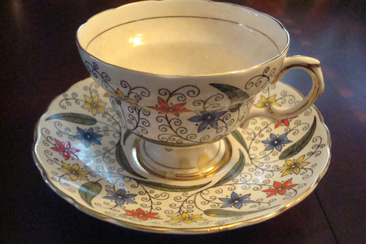 Rosina Mid Century England cup and sauce,  flowers and touches of gold [91]