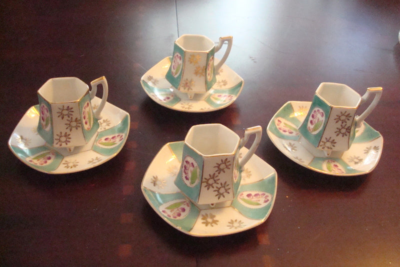Royal Sealy Japan set of 4 coffee cups and saucers, green, gold and flowers [80D