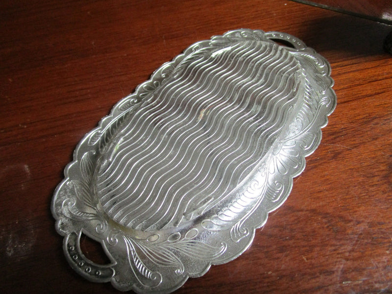 Magnificent creamer/sugar/tray repousse silverplate ceramic painting inside[*]