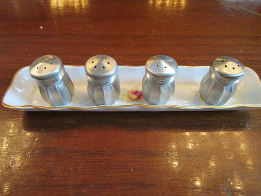 Godinger 4 Pewter Salt Shakers On A Camelot Ceramic Tray, [*#2bx]