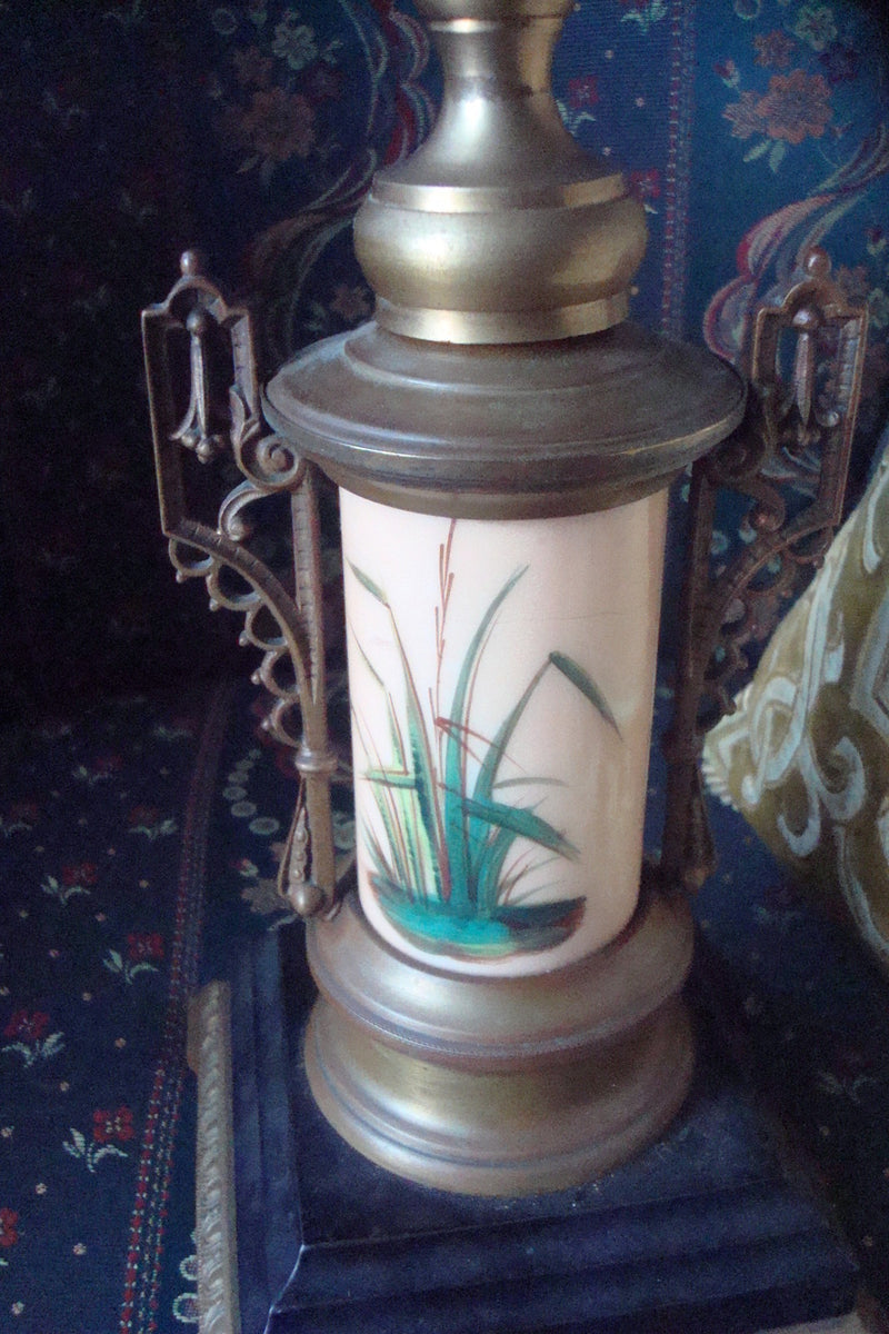 Mid Century candle holder brass and ceramic, handpainted birds original 13"