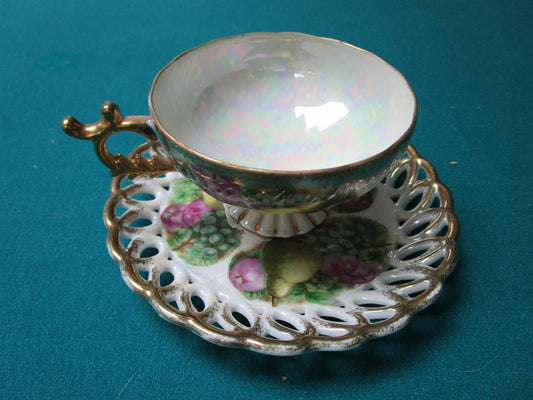 Fan Crest Japan Lusterware Reticulated Cup/Saucer Attached,Roses,Gorgeous [a5#3]