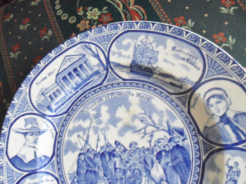 Old English Staffordshire blue ware souvenir plate, 10", Landing of Pilgrims[esq
