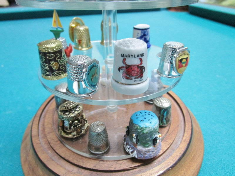 Thimbles Collection under glass dome, 43 assorted thimbles, dome is 11" tall[B]