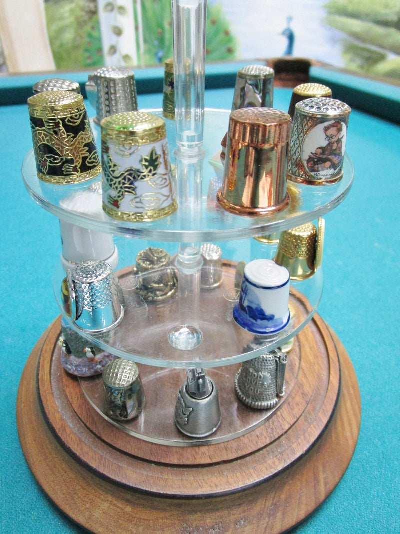 Thimbles Collection under glass dome, 43 assorted thimbles, dome is 11" tall[B]