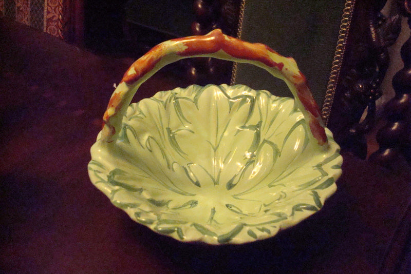 Italian Majolica basket, handpainted, 6" tall by 7" diam, numbered
