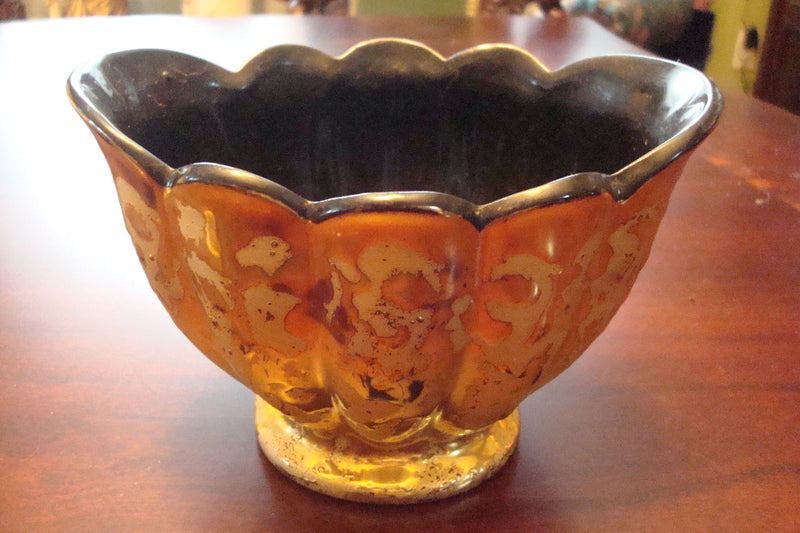 Footed Bowl Vanity Planter 24 K Gold Decorated Black Inside [140E]