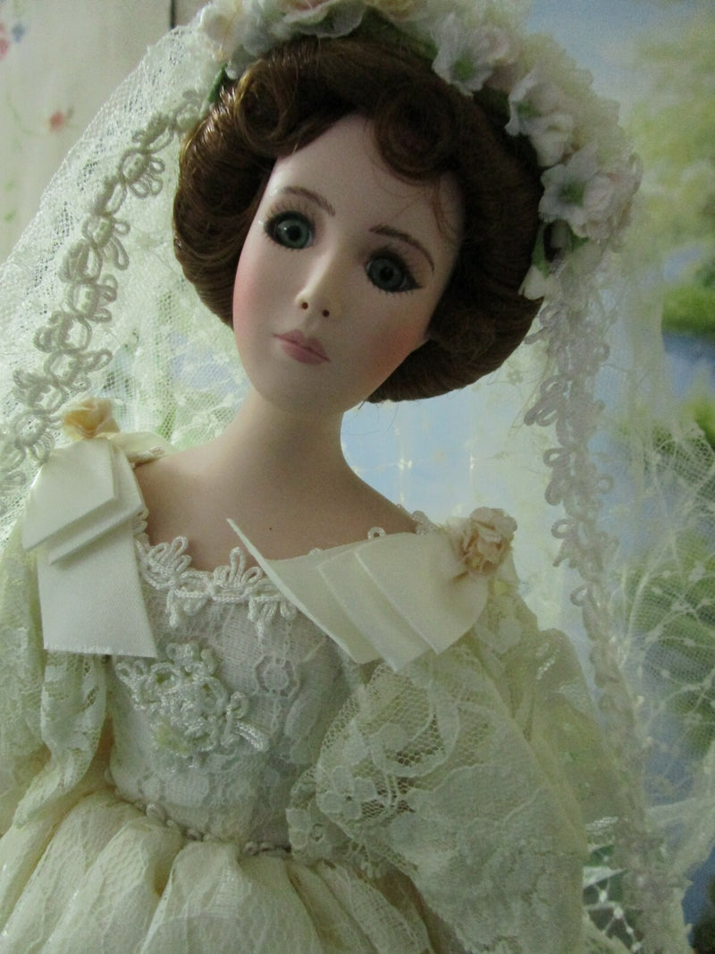 1990s Seymour Mann Connoiseur bride doll, 17" WHITE LACED RIBBONS LONG TRAIN