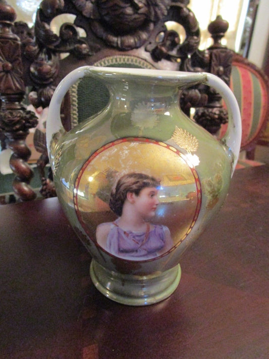Rudolstadt  Germany  1900s Lusterware Portrait Two Handle Vase