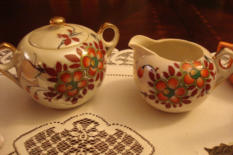 Made in Japan, covered sugar and creamer decorated with dark red flowers [80D]