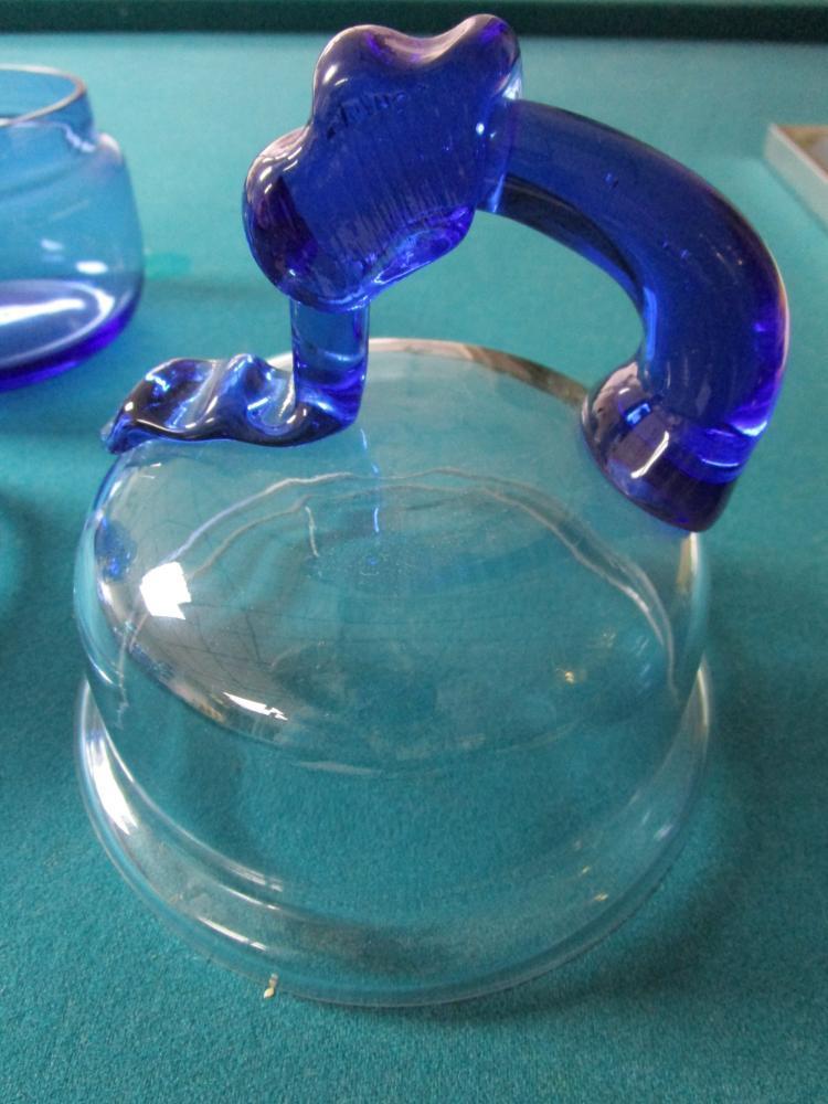 Pair Blue Glass Covered Container/Candy Dish Cookie Jar With Handle 7 1/2 X 6"