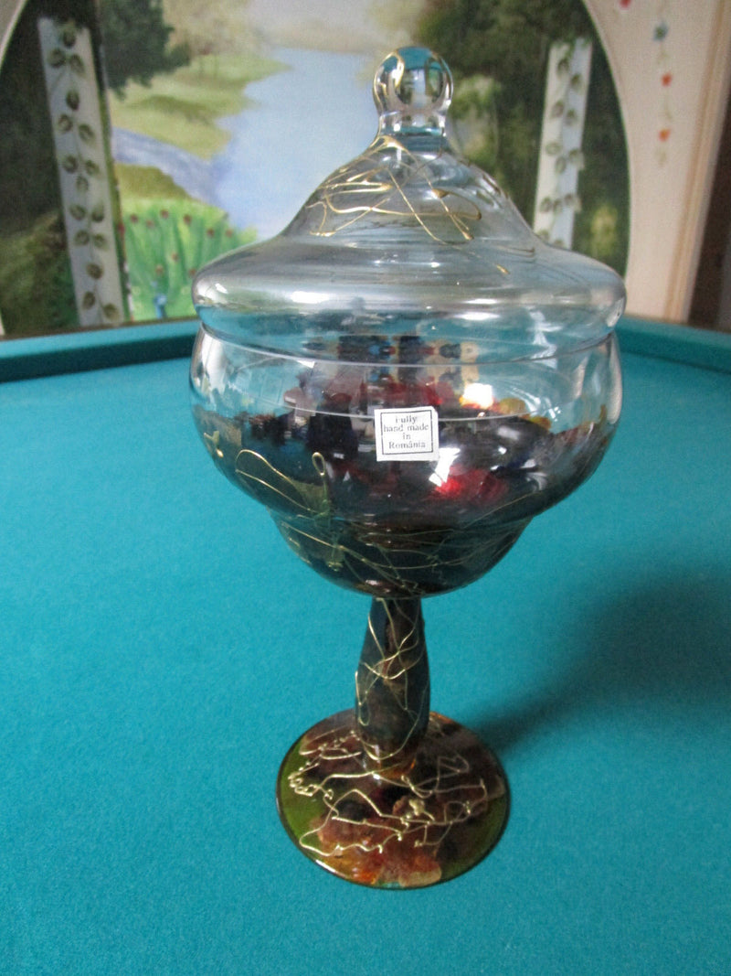 COVERED FOOTED  CRYSTAL CANDY DISH CARAMEL AND GOLD 12 X 5"  POLAND [GL8]