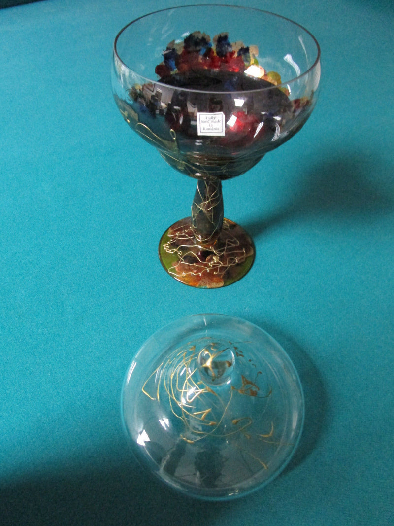 COVERED FOOTED  CRYSTAL CANDY DISH CARAMEL AND GOLD 12 X 5"  POLAND [GL8]