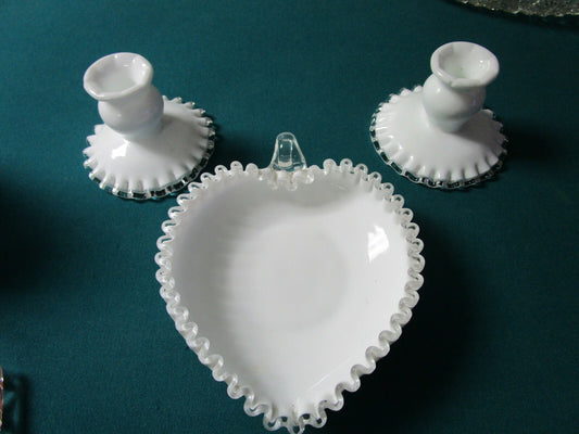 Fenton Silver Crest  3 Pcs, Candle Holders & Candy Dish Silver Crest [130M]