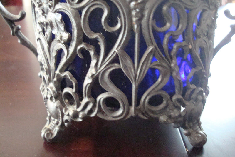 Antique Victorian E.G. Webster SUGAR BOWL silverplate & BLUE COBALT INSERT