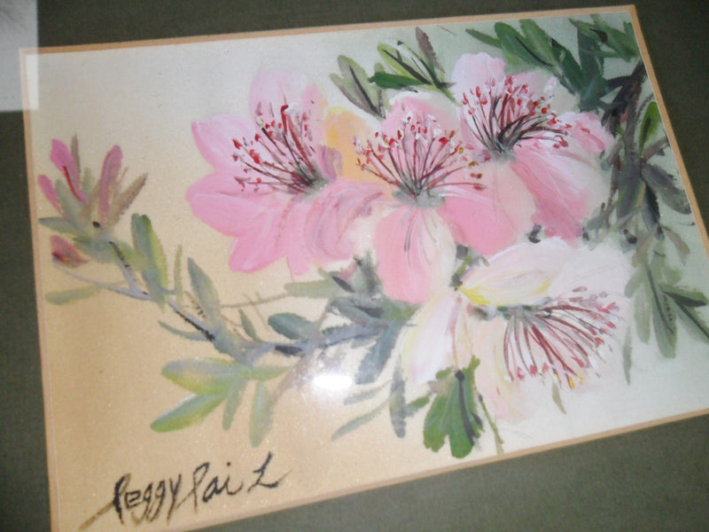 Peggy Pai, "Four Flowers" original oil on board, dedicated by artist on back