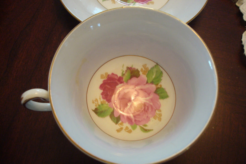 Rosina cup and saucer made in England, cup is white outside, roses [A5#3]