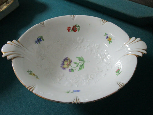 MEISSEN GERMANY CROSSED SWORDS FLORAL BOWL TWO HANDLE - 2 1/2 X 7 1/2 X 10"
