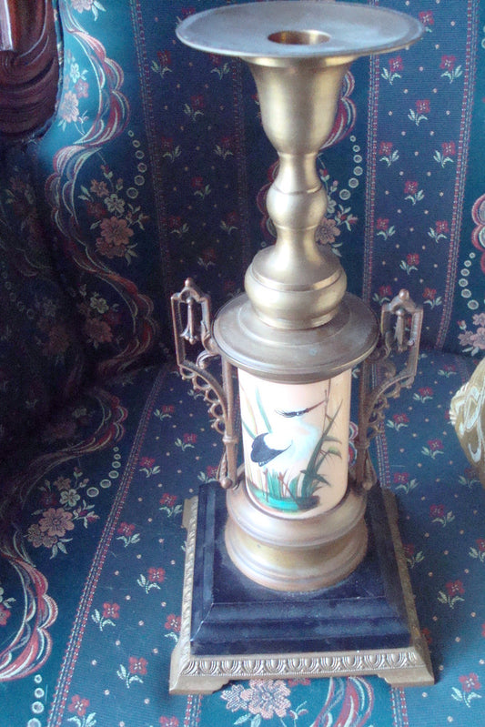 Mid Century candle holder brass and ceramic, handpainted birds original 13"
