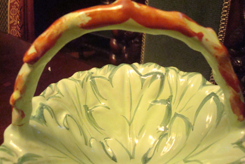 Italian Majolica basket, handpainted, 6" tall by 7" diam, numbered