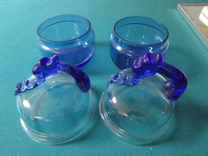 Pair Blue Glass Covered Container/Candy Dish Cookie Jar With Handle 7 1/2 X 6"