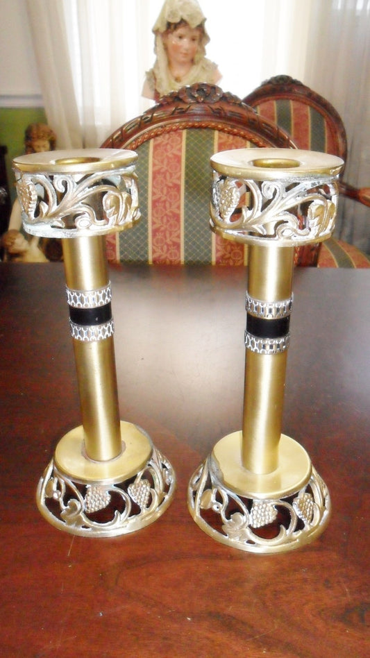 Pair of Bronze BRASS Judaica Glass Candlesticks, black enamel accent ORIGINAL