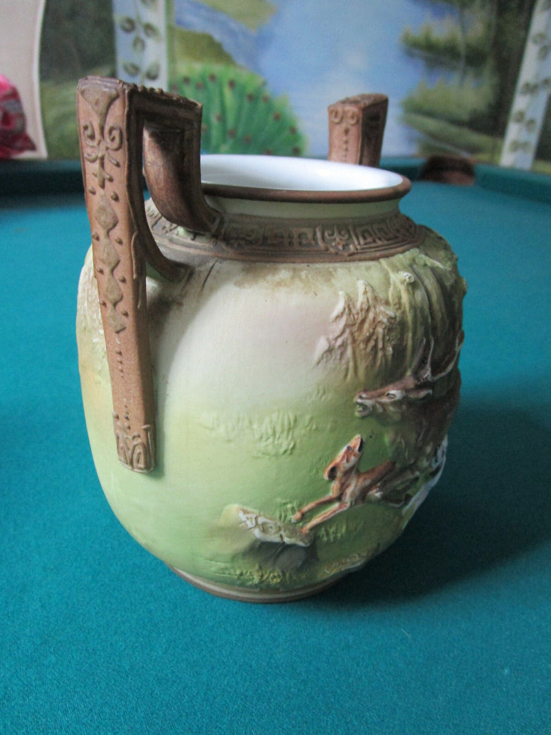 NIPPON JAPAN BLOW OUT DESIGN DEER HUNTING VASE JARDINIERE BOWL 2 HANDLES [aP-P]