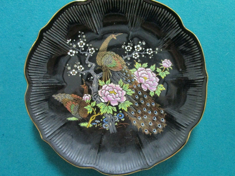 Japanese Peacocks black collector plate Hand Painted Gold ^^